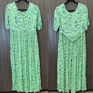 VTG 80s 90s Ken Done Down Under Green Maxi Dress Size Large Art Lagenlook Spring